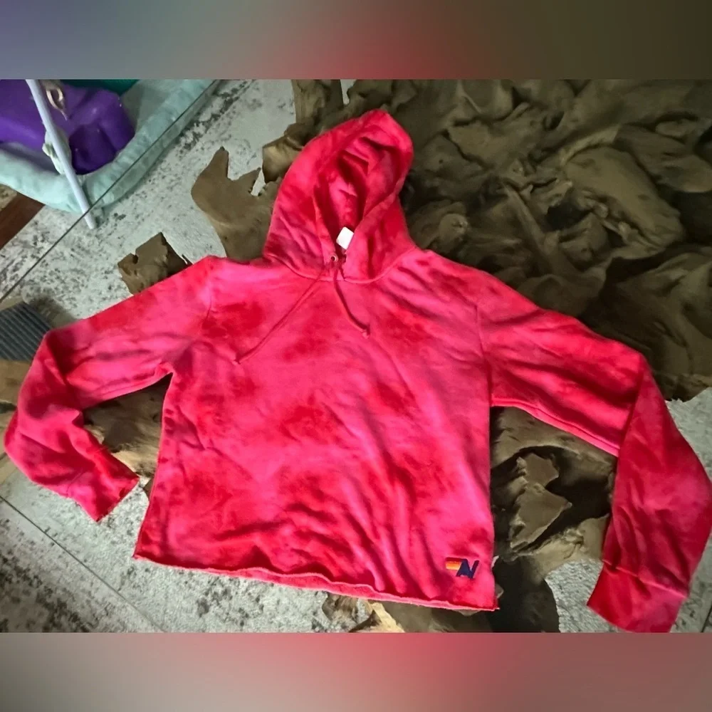 AVIATOR NATION NWT CROP PULLOVER HOODIE SWEATSHIRT in Tie Dye Crystal Red— M